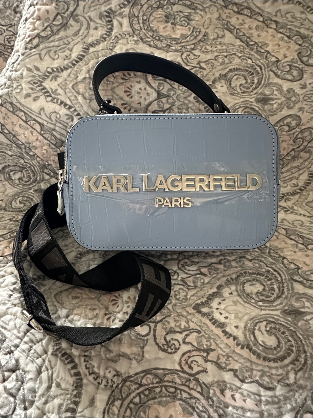 NWT: Karl Lagerfeld Simone Blue Faux-Croc Crossbody Camera Bag with Black Strap